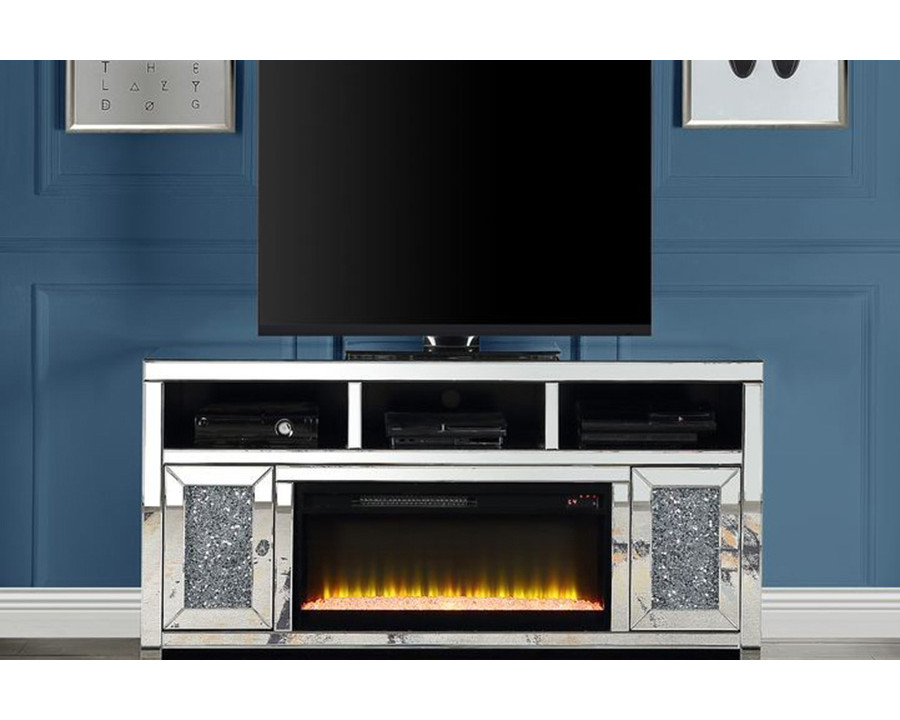 ACME - Noralie TV Stand with Fireplace in Mirrored/Faux Diamonds (LV00519)