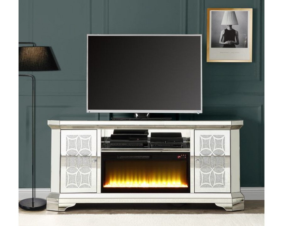 ACME - Noralie TV Stand with Fireplace in Mirrored/Faux Diamonds