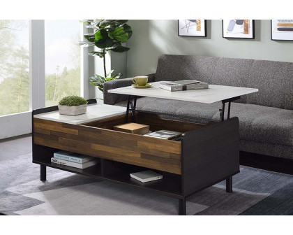 ACME - Axel Coffee Table with Lift Top in White Printed Faux Marble Top/Walnut/Black