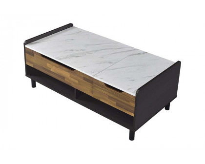 ACME - Axel Coffee Table with Lift Top in White Printed Faux Marble Top/Walnut/Black