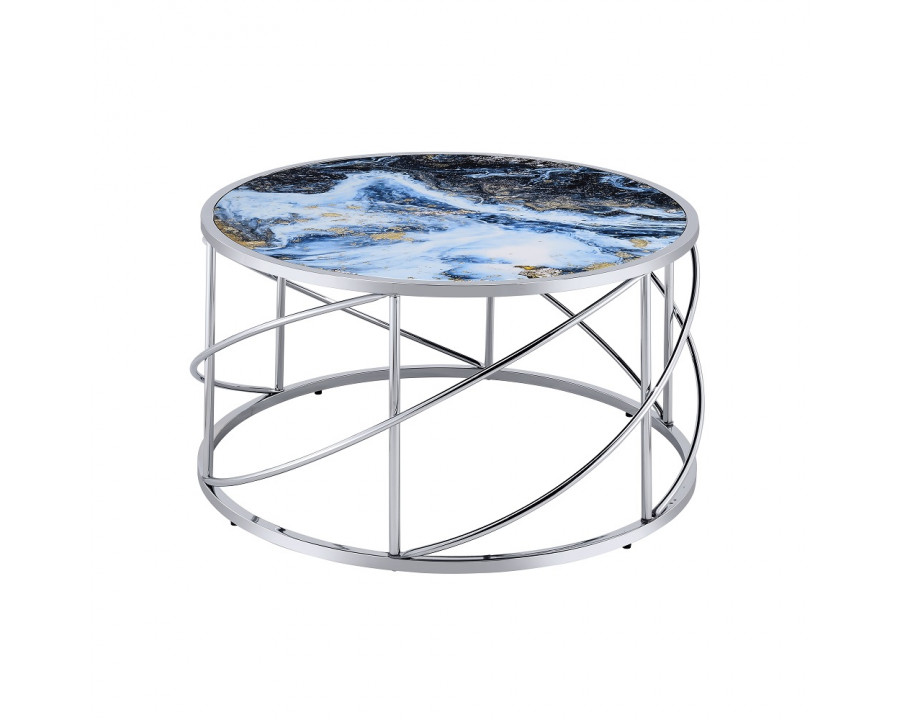 ACME - Lyda Coffee Table in Blue Marble Print/Chrome