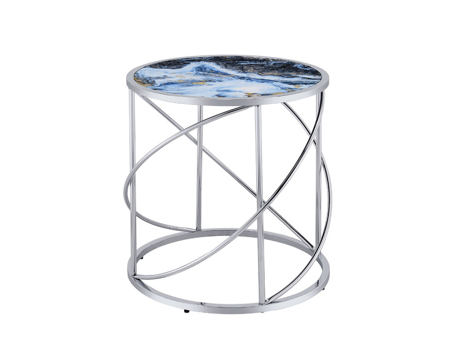 ACME - Lyda End Table in Blue Marble Print/Chrome