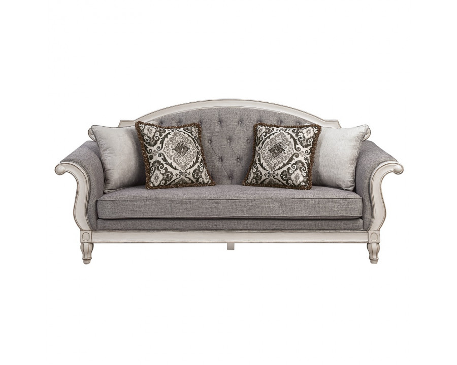 ACME - Florian Sofa with 4 Pillows in Gray Antique White