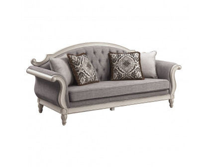 ACME - Florian Sofa with 4 Pillows in Gray Antique White