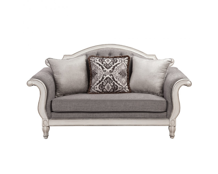 ACME - Florian Loveseat with 3 Pillows in Gray Antique White