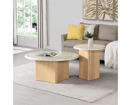 ACME - Qwin Coffee Table with Marble Top in Marble Top/Oak