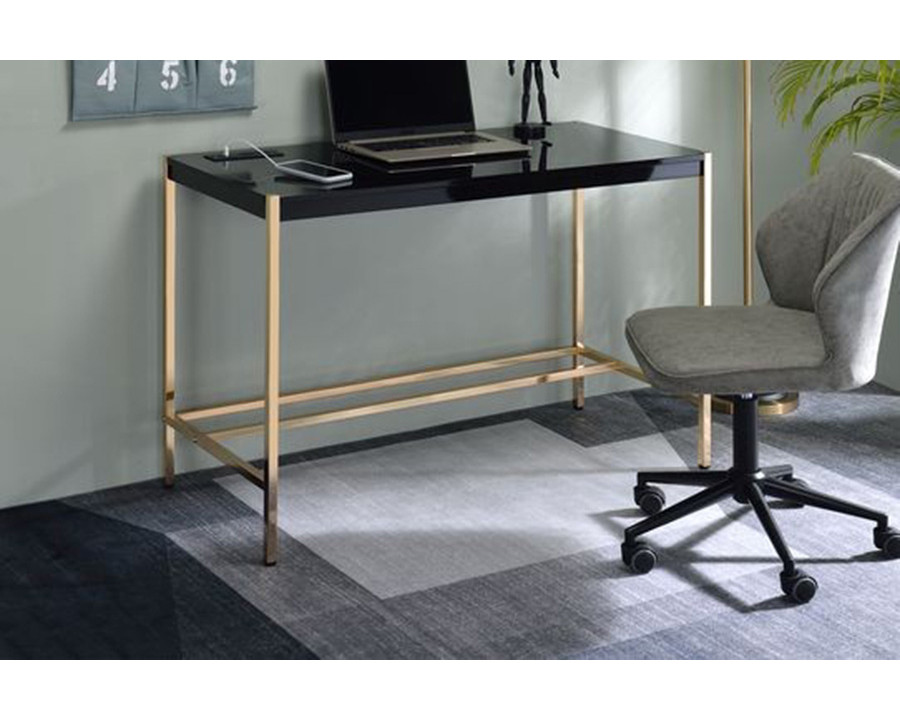 ACME Midriaks Writing Desk with USB - Black and Gold Finish