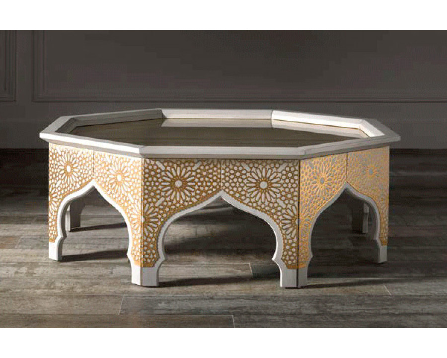 Alexandra - Medina Octagonal Coffee Table in Fogged White, Gold Glass