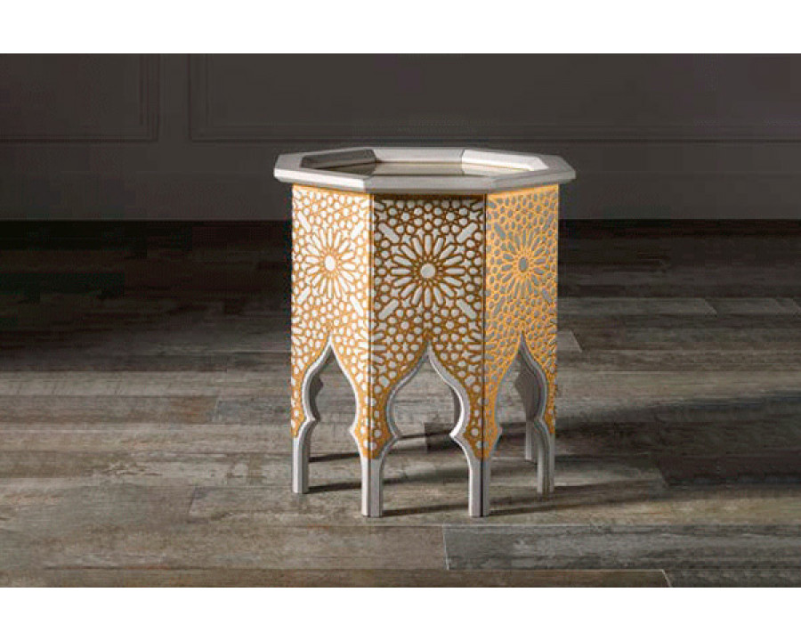 Alexandra - Medina Octagonal Side Table in Fogged White, Gold Glass