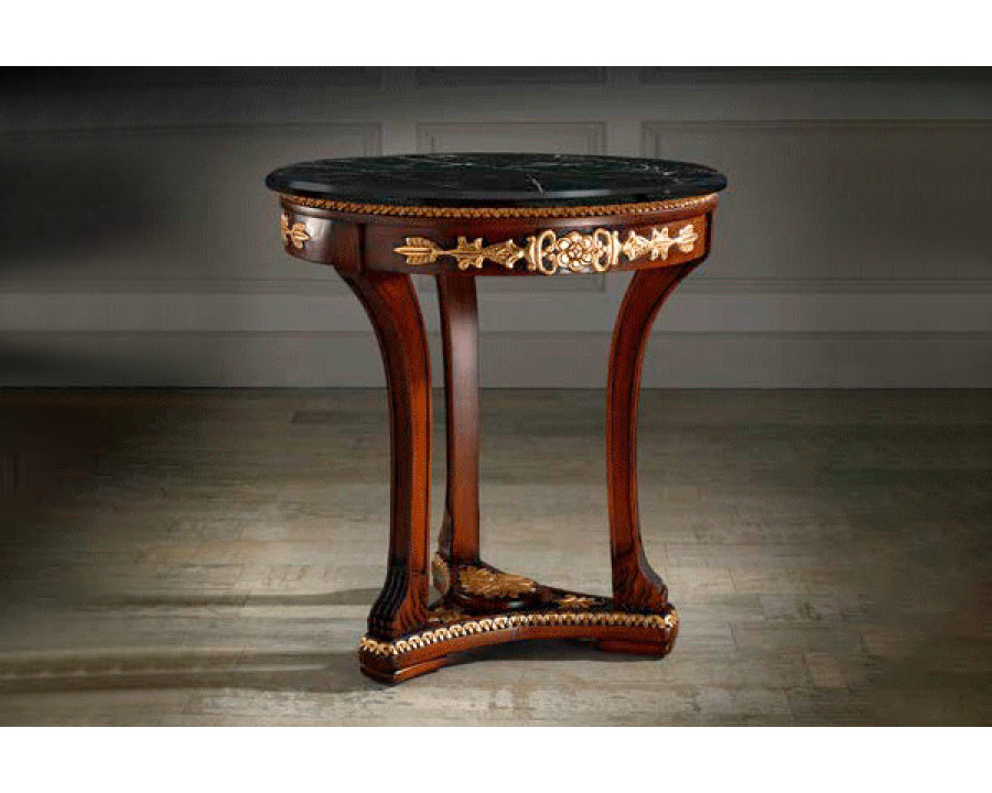 Alexandra - Elisa Pedestal Table in Hazelnut/Gold, Black Marble