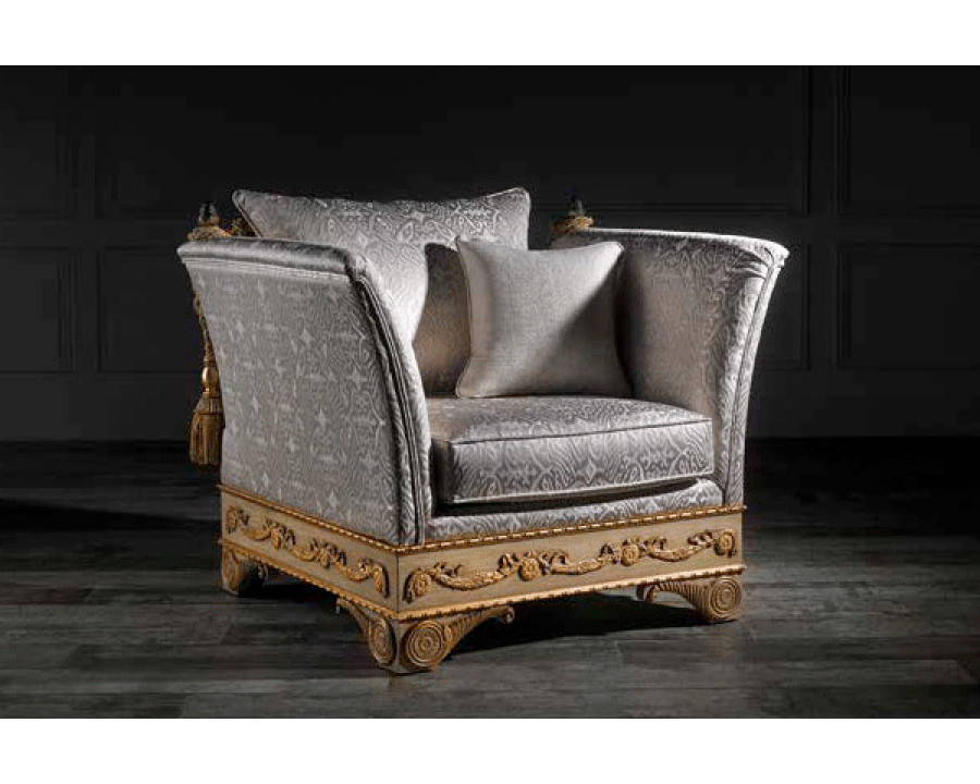 Alexandra - Lorena Stationary Pattern Print Armchair in Pompeii White/Gold, Rolled/Round Arms