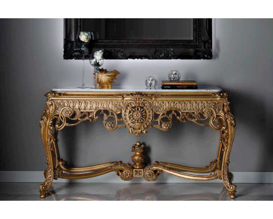 Alexandra - Carlota Carved Console in Anticuary Gold, Arabescato White Marble