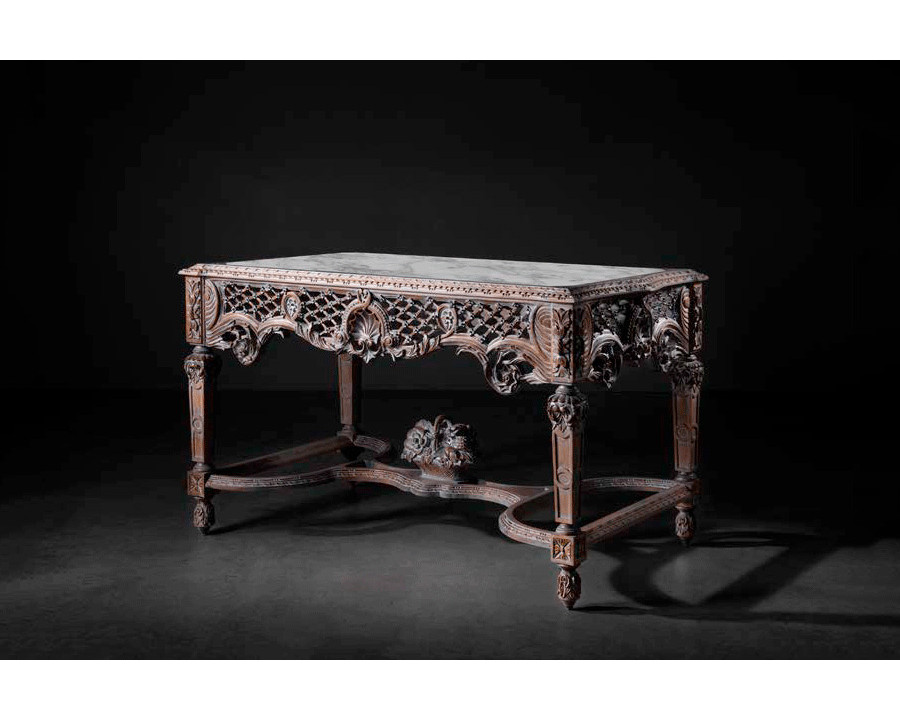 Alexandra - Babilonia Carved Console in Oak White Patina, Arabescato White Marble