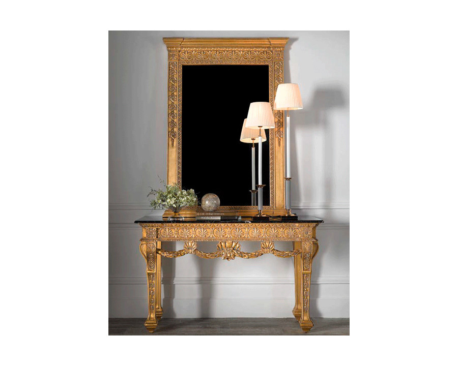 Alexandra - Concha Carved Console in Anticuary Gold, Black Marble