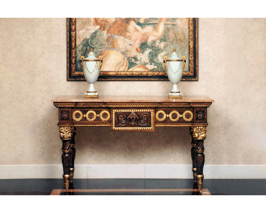 Alexandra - Sofia Carved Console in Walnut/Gold Wood, Alicante Red Marble