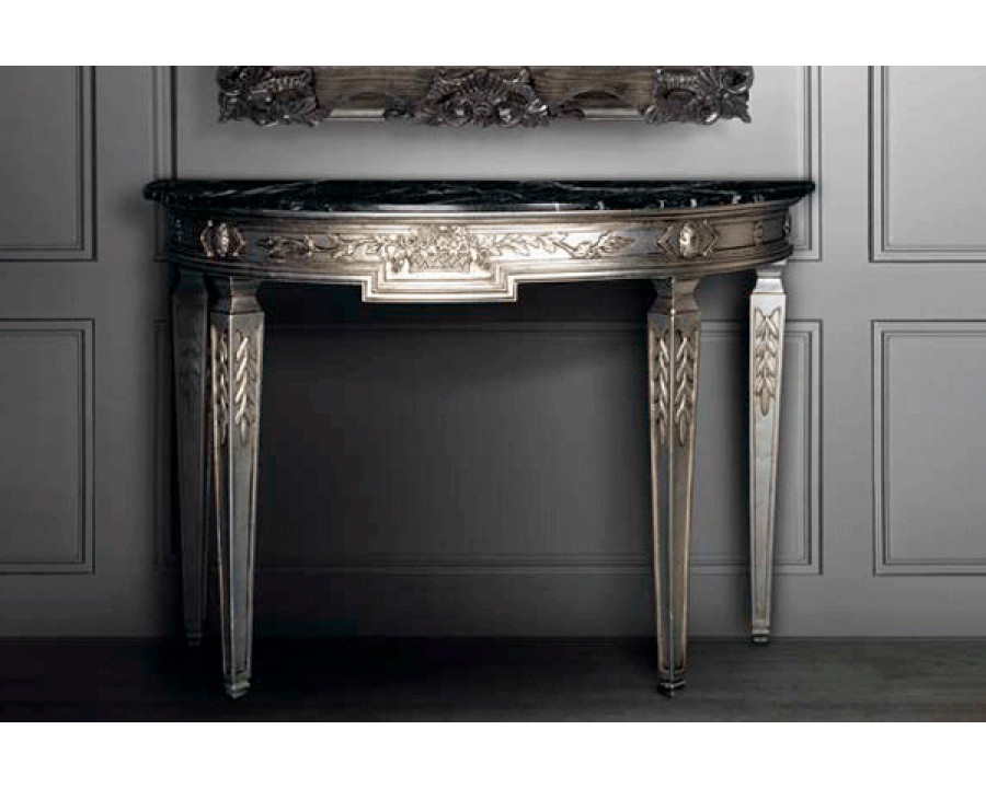 Alexandra - Venecia Carved Console in Antique Silver Wood, Black Marble