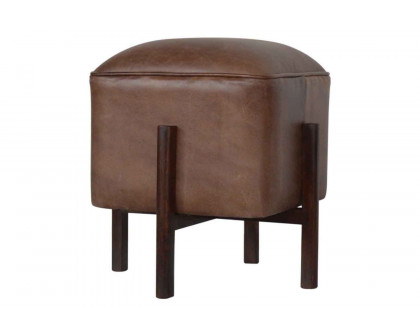 Artisan Footstool with Solid Wood Legs - Brown, Leather