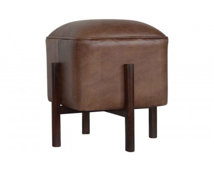 Artisan Footstool with Solid Wood Legs - Brown, Leather