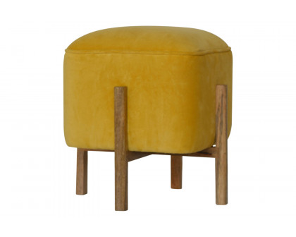 Artisan Footstool with Solid Wood Legs - Mustard, Velvet