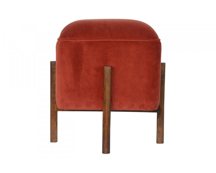 Artisan Footstool with Solid Wood Legs - Brick Red, Velvet