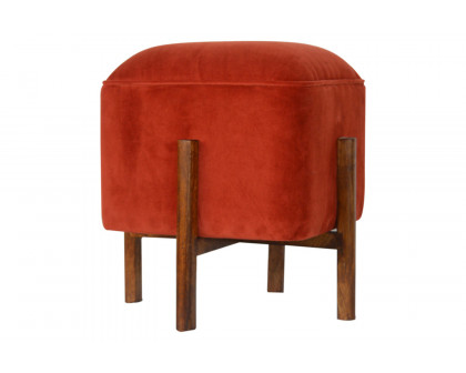 Artisan Footstool with Solid Wood Legs - Brick Red, Velvet