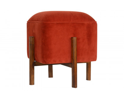 Artisan Footstool with Solid Wood Legs - Brick Red, Velvet