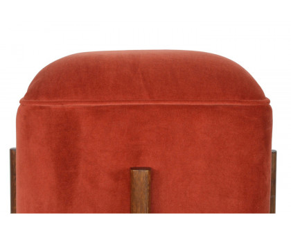 Artisan Footstool with Solid Wood Legs - Brick Red, Velvet