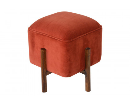 Artisan Footstool with Solid Wood Legs - Brick Red, Velvet