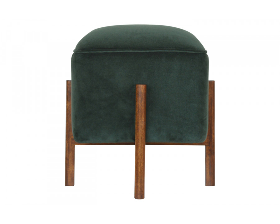 Artisan Footstool with Solid Wood Legs - Emerald Green, Velvet