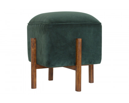 Artisan Footstool with Solid Wood Legs - Emerald Green, Velvet