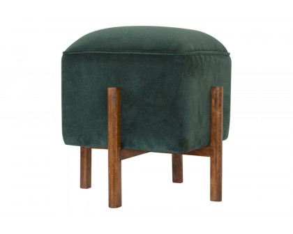 Artisan Footstool with Solid Wood Legs - Emerald Green, Velvet