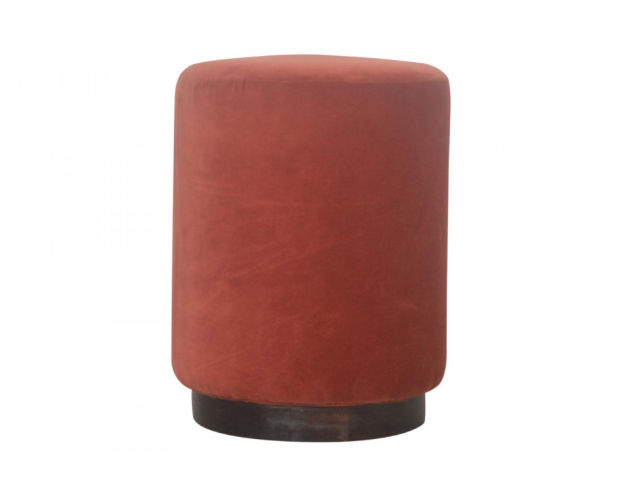 Artisan Footstool with Base - Velvet, Brick Red, Wooden