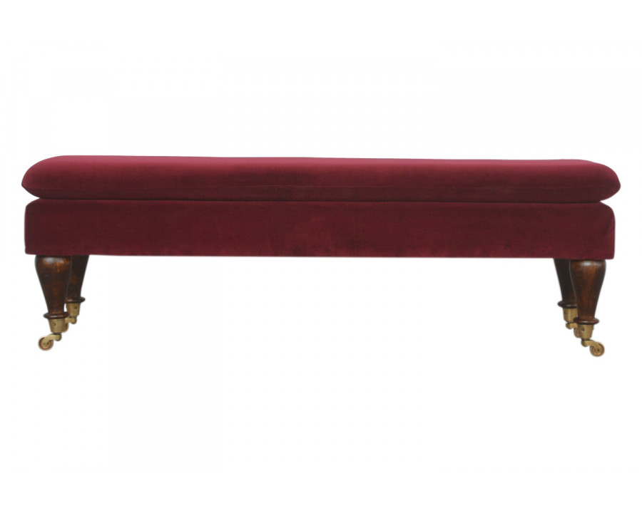 Artisan Bench with Castor Legs - Wine Red, Velvet