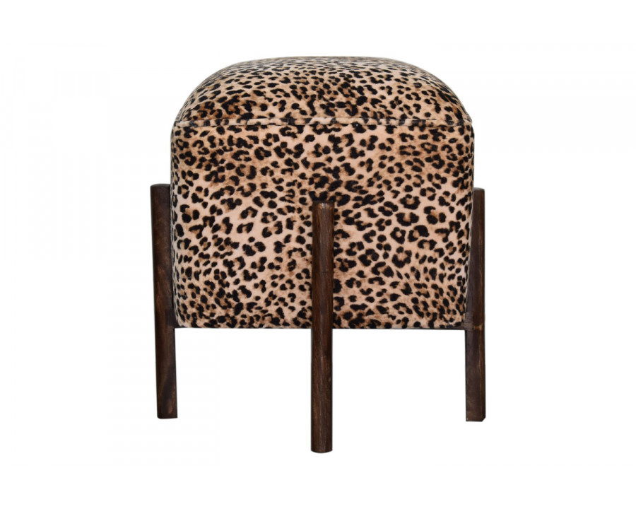 Artisan Footstool with Solid Wood Legs - Leopard, Velvet