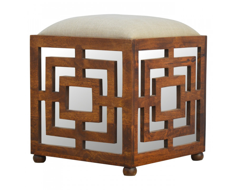 Artisan - Carved Footstool in Wood/Linen