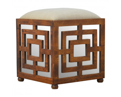 Artisan - Carved Footstool in Wood/Linen