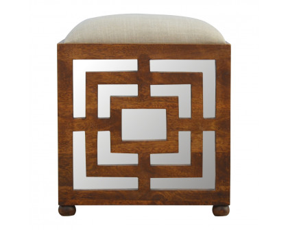 Artisan - Carved Footstool in Wood/Linen