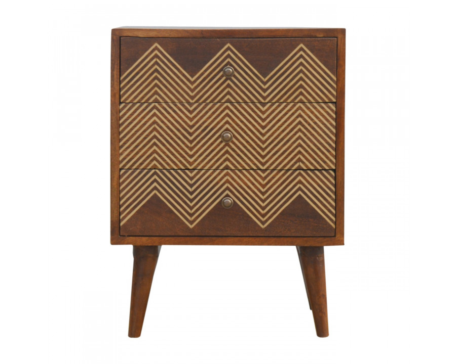 Artisan - Chevron Nightstand with 3 Drawer in Chestnut, Brass