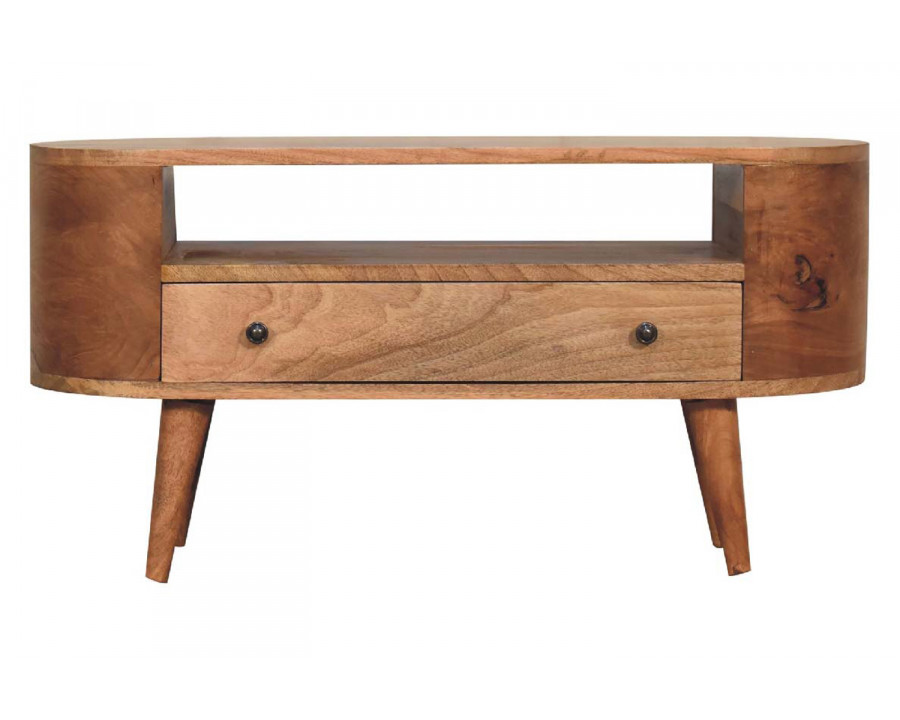 Artisan - Rounded Mini Entertainment Unit in Oak-ish, Open Shelf