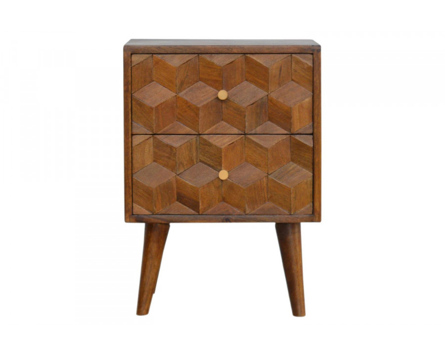 Artisan Cube Carved Bedside with 2 Drawers - Chestnut