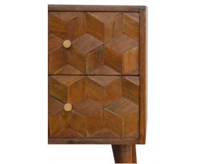 Artisan Cube Carved Bedside with 2 Drawers - Chestnut