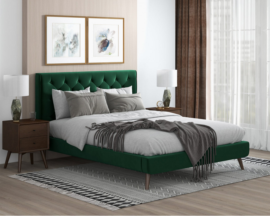 Ashcroft Dillon Velvet Platform Bed - Green, Queen Size