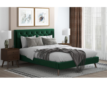 Ashcroft Dillon Velvet Platform Bed - Green, Queen Size