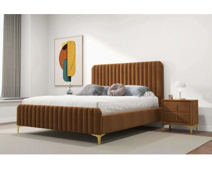 Ashcroft Bethany Velvet Upholstered Platform Bed - Cognac, Queen Size