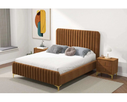 Ashcroft Bethany Velvet Upholstered Platform Bed - Cognac, Queen Size