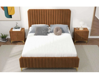 Ashcroft Bethany Velvet Upholstered Platform Bed - Cognac, Queen Size