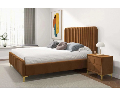 Ashcroft Bethany Velvet Upholstered Platform Bed - Cognac, Queen Size