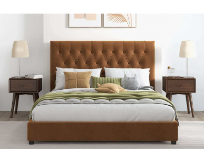 Ashcroft Donald Mid-Century Modern Velvet Platform Bed - Cognac, Queen Size