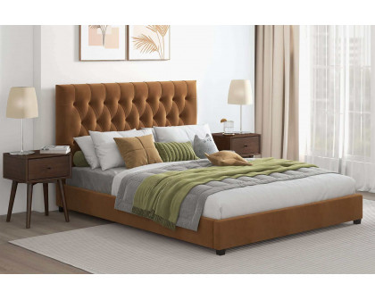 Ashcroft Donald Mid-Century Modern Velvet Platform Bed - Cognac, Queen Size