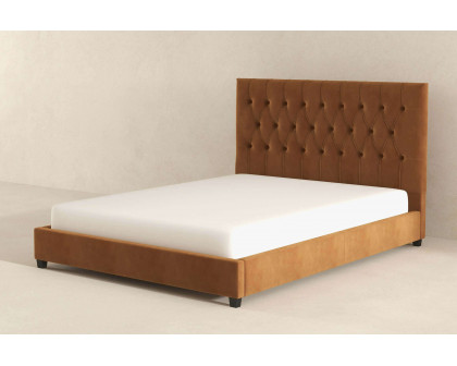 Ashcroft Donald Mid-Century Modern Velvet Platform Bed - Cognac, Queen Size